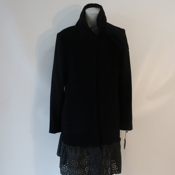 NWT Women Badgley Mischka Black Mix Media Wool Alpaca Leather Trim Olivia Coat L - Picture 4 of 16